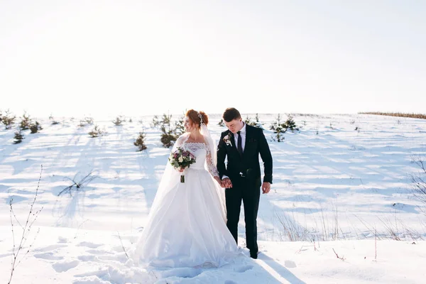 Bruden Med Brudgummen Walking Äng Och Håller Händer Vinterdag — Stockfoto