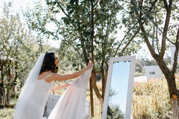 Side View Bride Hanging Wedding Dress Branch Garden — Stock Photo, Image