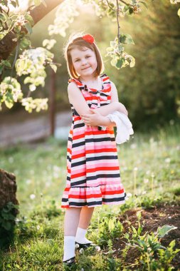 Çiçek açan elma şubesine poz katlanmış kollu şeritli elbiseli kız closeup