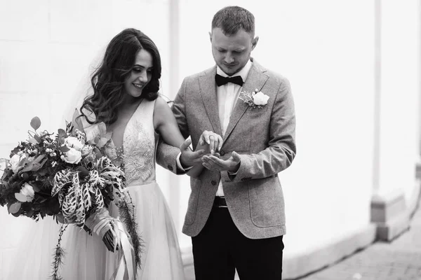 Primer Plano Encantadores Recién Casados Tomados Mano Posando Jardín —  Fotos de Stock