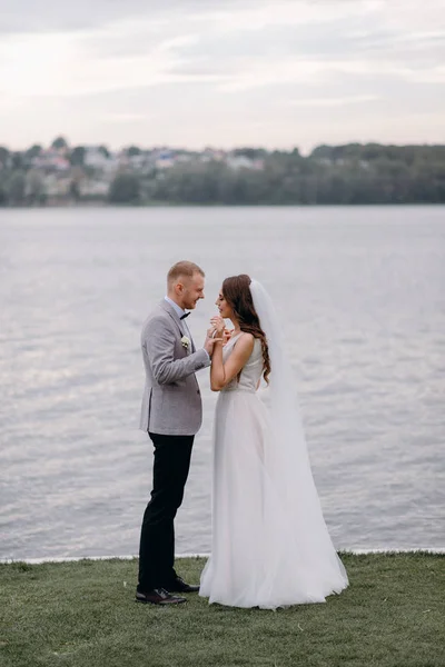 Preciosos Recién Casados Abrazando Coqueteando Pie Orilla Del Río —  Fotos de Stock