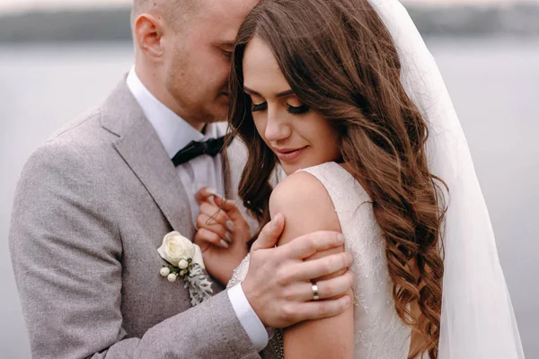 Cropped View Romantic Newlyweds Hugging Blurred River Background — Stock Photo, Image