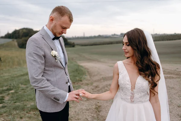 Close Adoráveis Recém Casados Tocando Mãos Campo — Fotografia de Stock