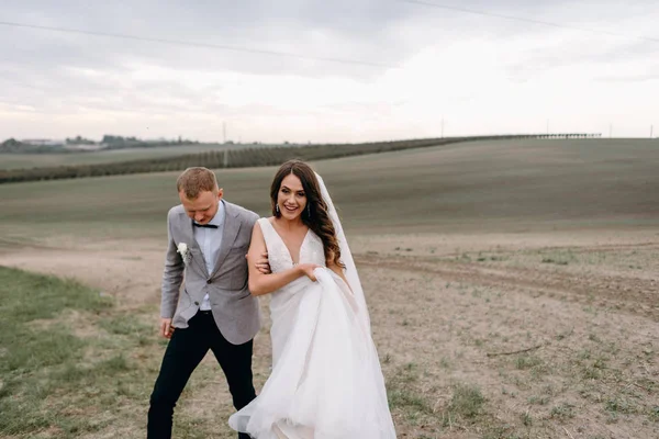 Preciosos Recién Casados Sonriendo Bromeando Campo —  Fotos de Stock