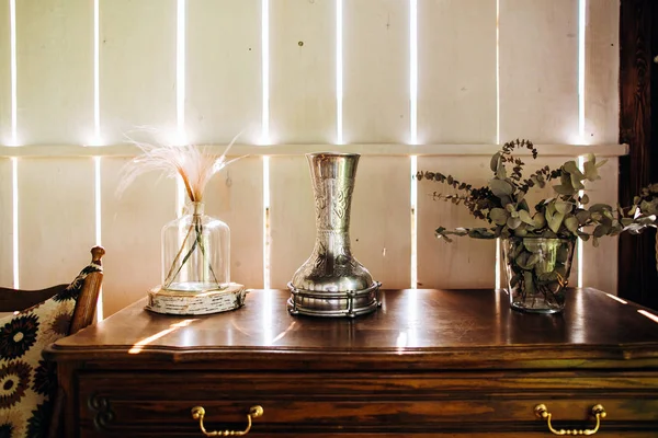Vintage Glass Vases Plants Wooden Shelf — 图库照片