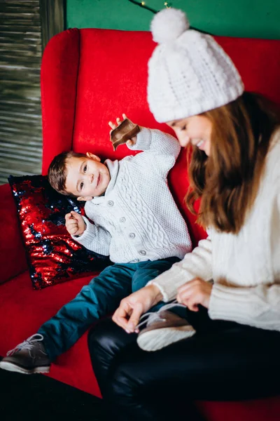 Woman Small Boy Having Fun Sitting Red Sofa Stock Picture