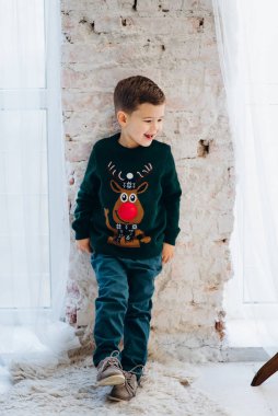 Cute boy posing on beige brickwall background