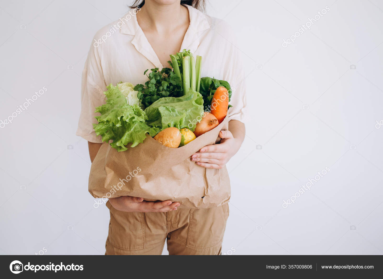 Hand Eco Paper Bag Vegetables Young Hipster Lifestyle Girl Holding