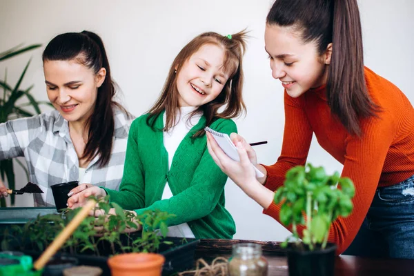 Moeder Besteedt Tijd Met Dochters Planten Zaailingen Indoor Aan Tafel — Stockfoto