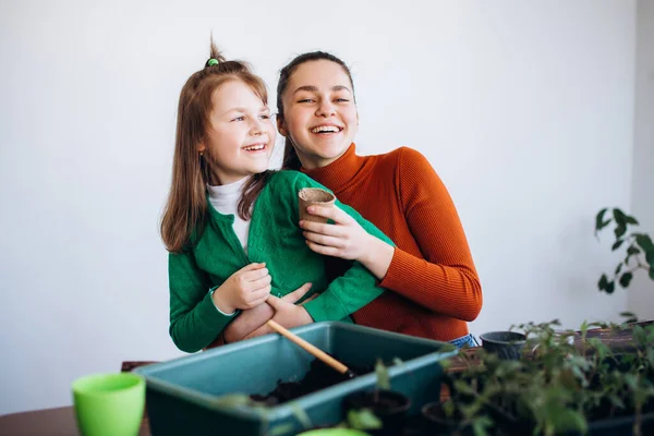 Leuke Meisjes Planten Zaailingen Binnen Lachende Zusjes Kleine Spruitjes Tuingereedschap — Stockfoto