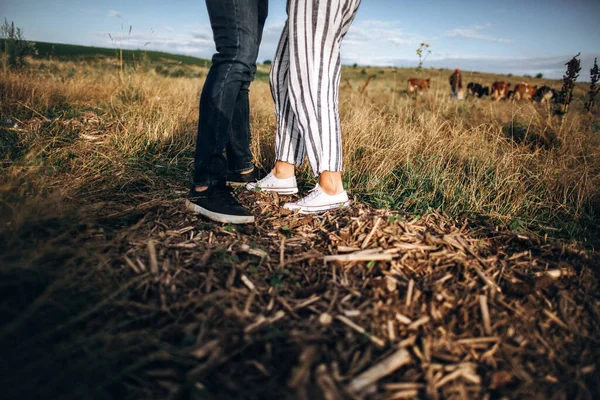 Fötter Kärleksfullt Par Gräs — Stockfoto