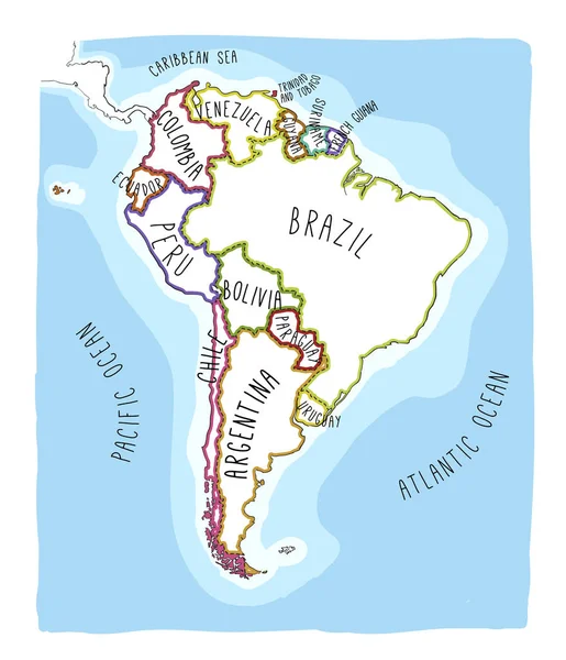 Mapa vectorial dibujado a mano de América del Sur . — Vector de stock