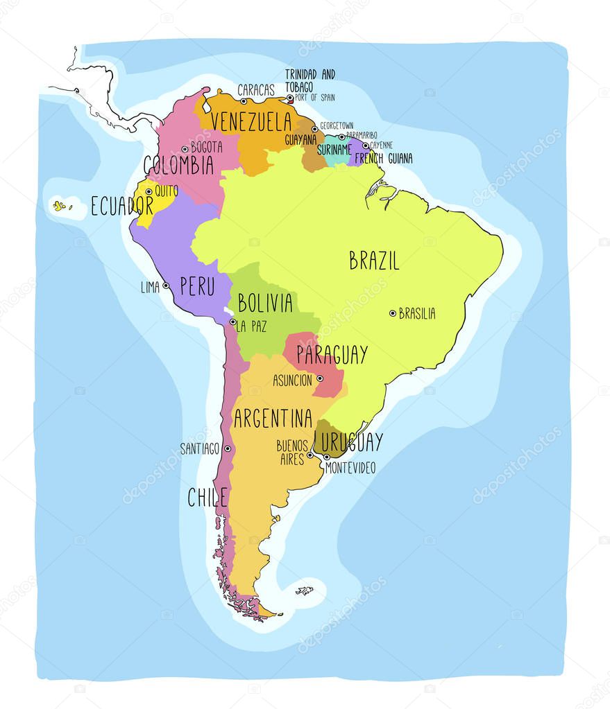 Hand drawn vector map of South America. 