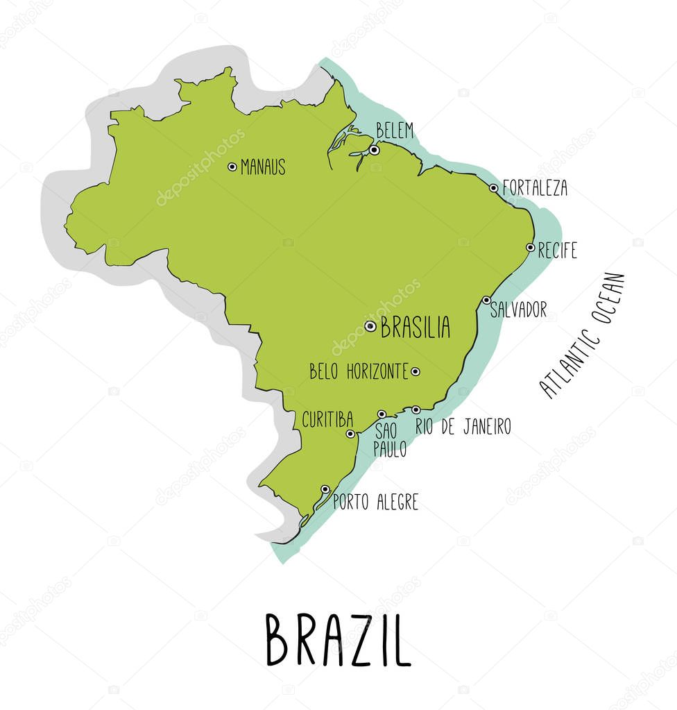 Vector hand drawn map of Brazil with main cities.