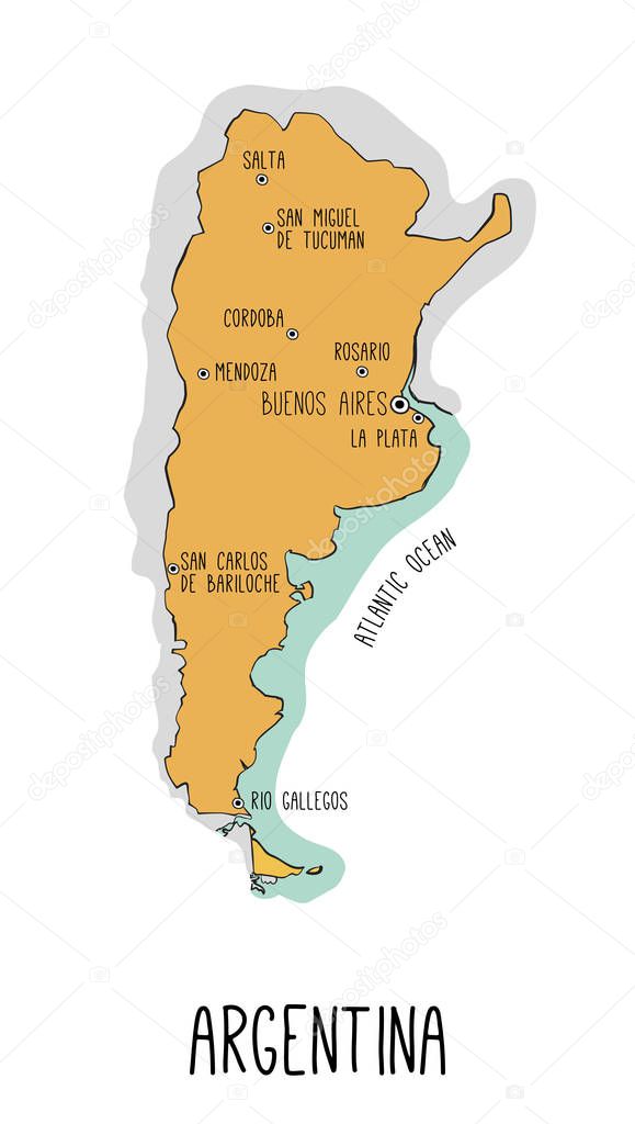 Vector hand drawn map of Argentina with main cities. Each elemen