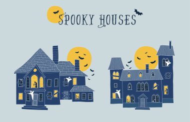 İki halloween ürkütücü kümesi vektör çizimler ev sahipliği yapmaktadır. Her öğe farklı bir katman üzerinde