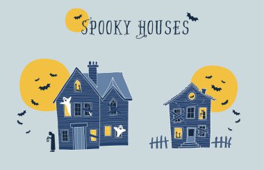 İki halloween ürkütücü kümesi vektör çizimler ev sahipliği yapmaktadır. Her öğe farklı bir katman üzerinde