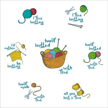 Collection of 7 labels with knitting related quotes clipart