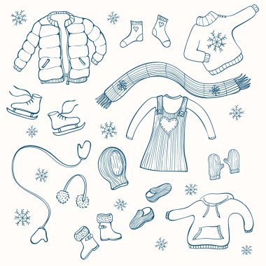 Elle çizilmiş kış giyim öğeler: eşarp, elbise, glo topluluğu