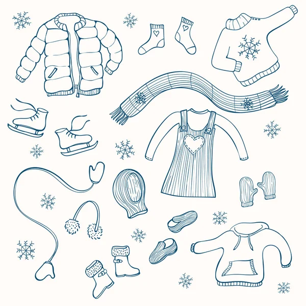 Elle çizilmiş kış giyim öğeler: eşarp, elbise, glo topluluğu