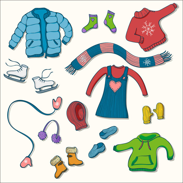 Winter clothing set of vector illustrations. 