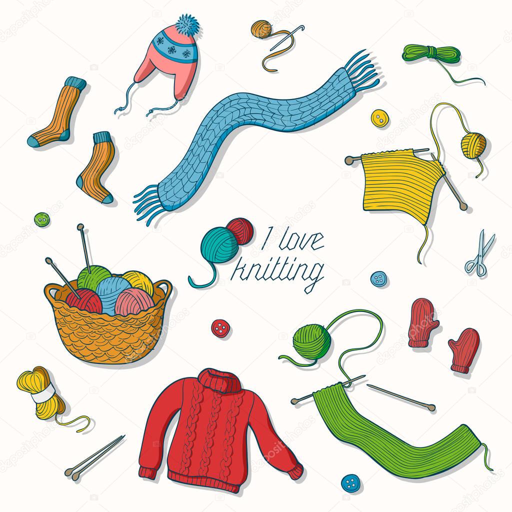 Collection of hand drawn vector illustration of knitting related