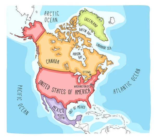 Doodle karta över Nordamerika — Stock vektor