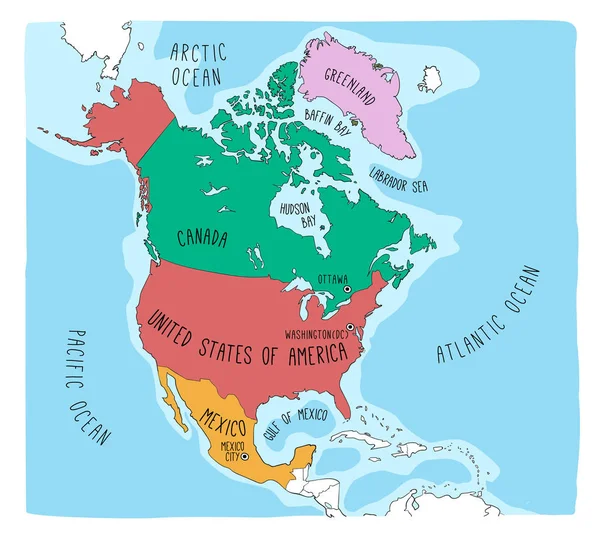 Doodle-Karte von Nordamerika — Stockvektor