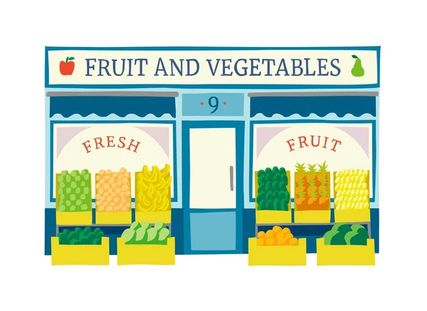 Fruit and vegetables store facade flat vector illustration — Stock Vector