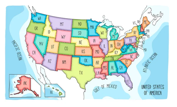 Kolorowe ręcznie rysowane wektor Mapa Usa — Wektor stockowy