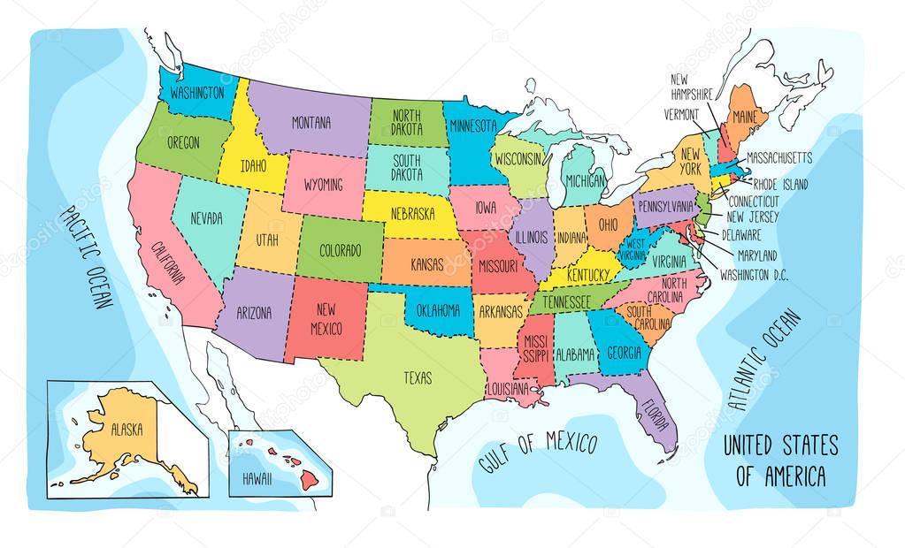 Colorful hand drawn vector map of the USA