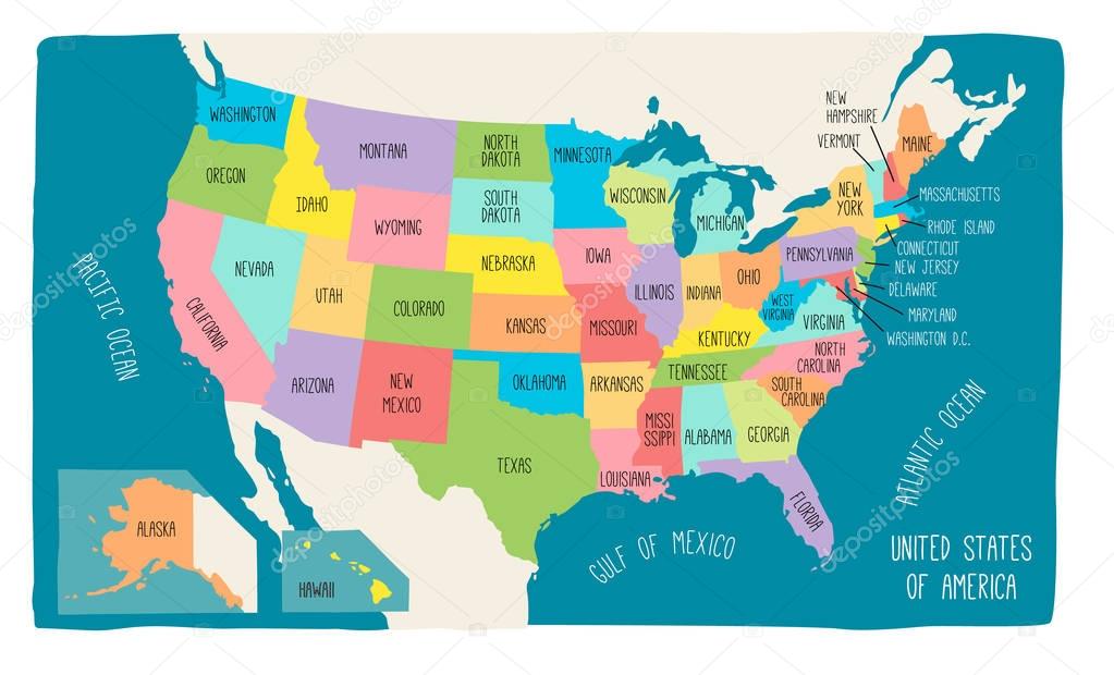 Colorful hand drawn vector map of the USA