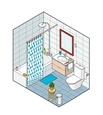 İzometrik çizimde banyo. El çekilmiş iç görünüm.