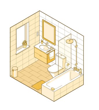 İzometrik çizimde banyo. El çekilmiş iç görünüm.