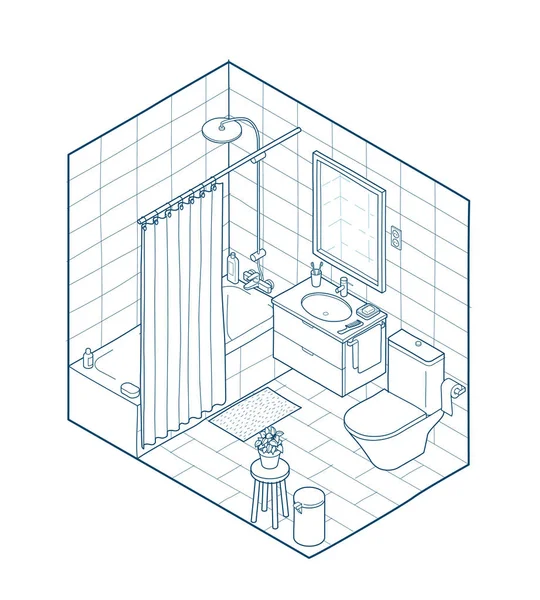 Isometric illustration of bathroom. Hand drawn interior view. — Stock Vector