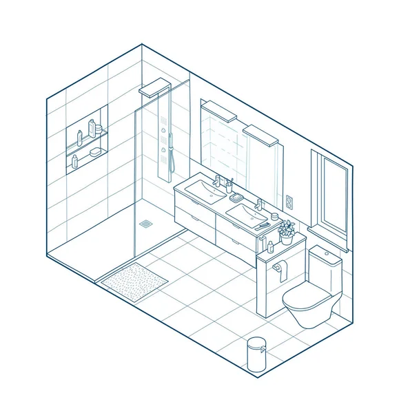 Ilustração isométrica do banheiro. Vista interior desenhada à mão . — Vetor de Stock