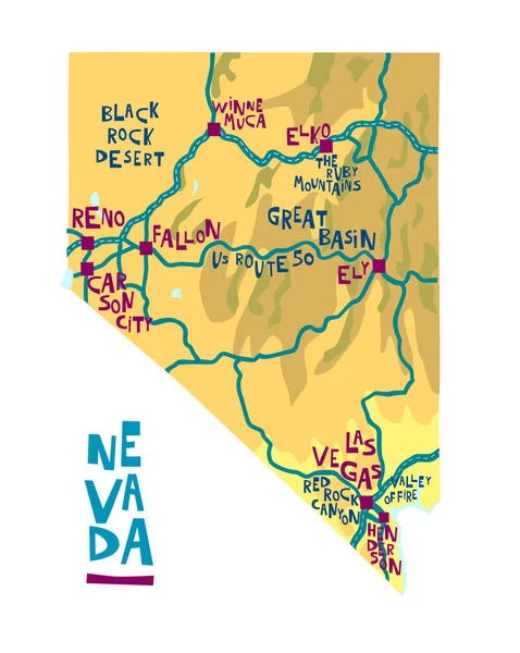 Mappa dello stato del Nevada degli Stati Uniti, con punti di riferimento — Vettoriale Stock