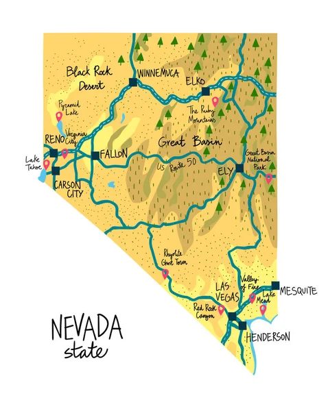 Mappa dello stato del Nevada degli Stati Uniti, con punti di riferimento — Vettoriale Stock