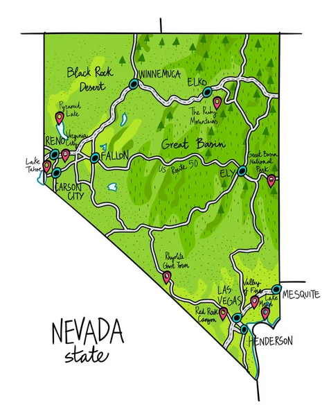 Mappa dello stato del Nevada degli Stati Uniti, con punti di riferimento — Vettoriale Stock