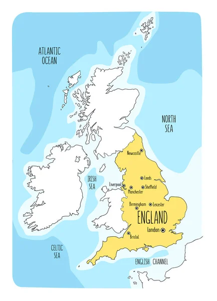 Handgetekende Kaart Van Engeland Met Belangrijkste Steden Kleurrijke Hand Getekend — Stockvector