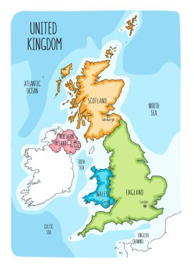 İngiltere, Galler, İskoçya, Kuzey İrlanda ve başkentleri dahil olmak üzere Birleşik Krallık 'ın el çizimi haritası. Renkli el çizimi vektör illüstrasyonu.