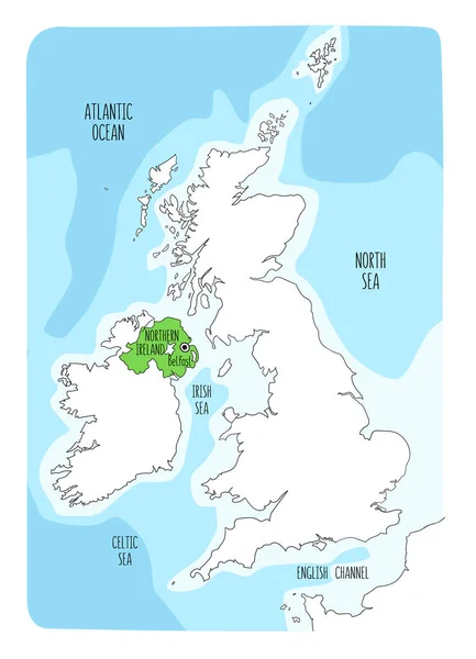 北アイルランドとイギリス諸島の手描き地図 カラフルな手描きベクトルイラスト — ストックベクタ