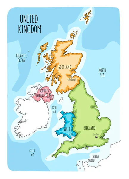 ハンドはイングランド ウェールズ スコットランド 北アイルランドとその首都を含むイギリスの地図を描いた カラフルな手描きベクトルイラスト — ストックベクタ