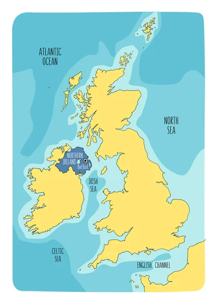 北アイルランドとイギリス諸島の手描き地図 カラフルな手描きベクトルイラスト — ストックベクタ