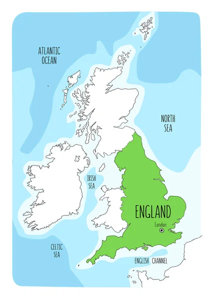 Ручная Карта Англии Британских Островов Красочная Рисованная Векторная Иллюстрация Зеленый — стоковый вектор
