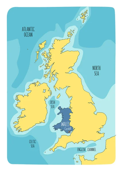 ウェールズとイギリス諸島の手描き地図 カラフルな手描きベクトルイラスト — ストックベクタ