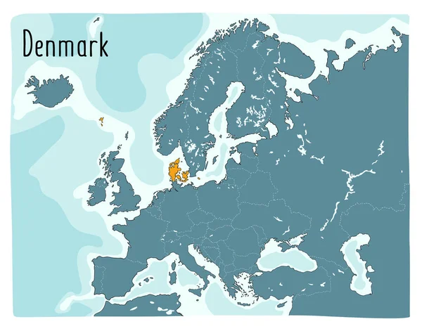 Färgstark Vektorkarta Över Danmark Belyst Europa Handritad Illustration — Stock vektor