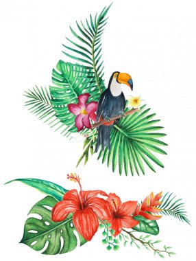 tropical forest leaves, branch, flower and animal arrangement, bouquets, watercolor illustration isolated white background for invitation, greeting cards, ornaments clipart