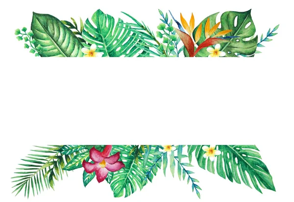 熱帯林の葉と枝の風景フレームの配置 水彩画のイラストは 招待状 グリーティングカード 装飾品のための白い背景を隔離 — ストック写真