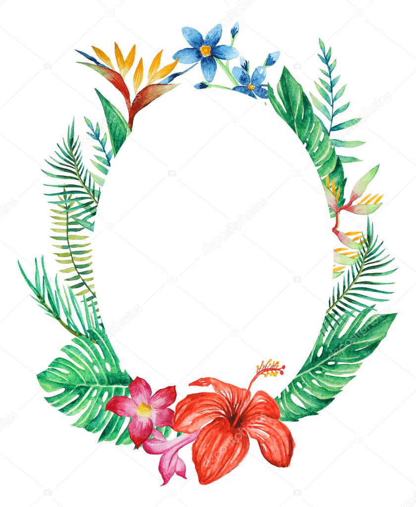tropical forest leaves and branch oval frame arrangement, bouquets, watercolor illustration isolated white background for invitation, greeting cards, ornaments
